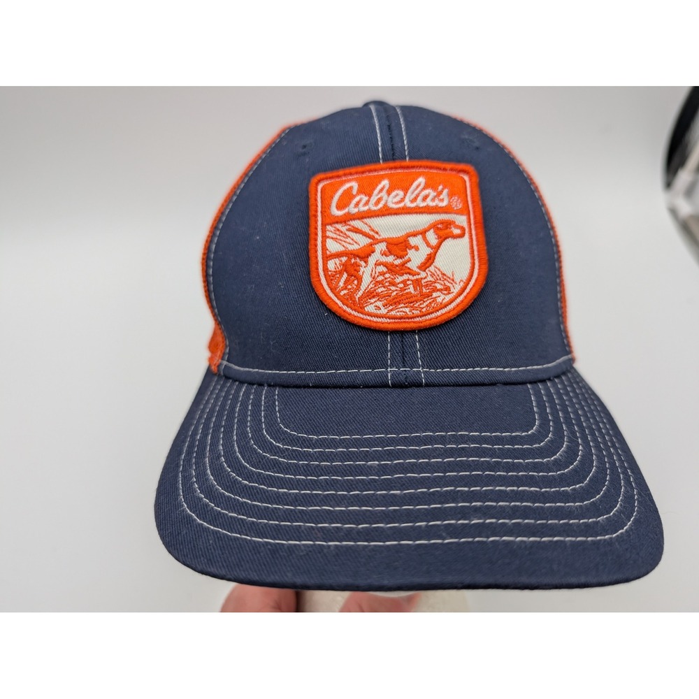 Cabelas Trucker Hat Navy Blue Orange Hunting Dog Patch Mesh Snapback Cap